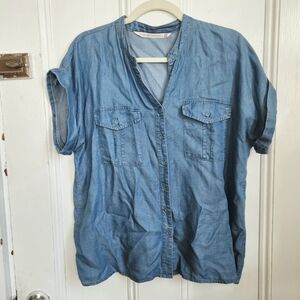 Women's Short Sleeve Button Down Chambray Denim Top Size Large